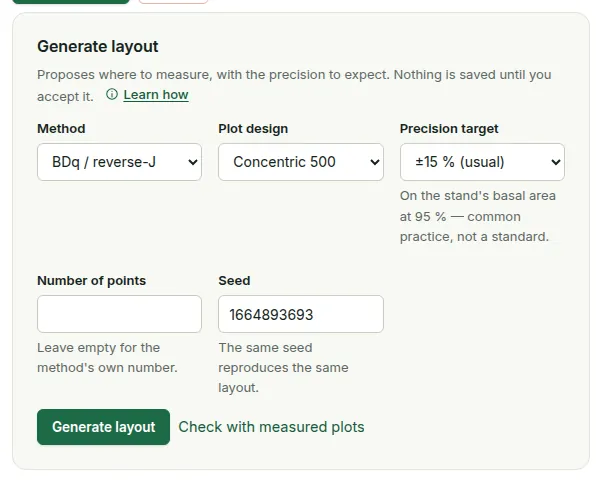 The Generate layout panel: method, plot design, precision target and seed, with the Generate layout button.