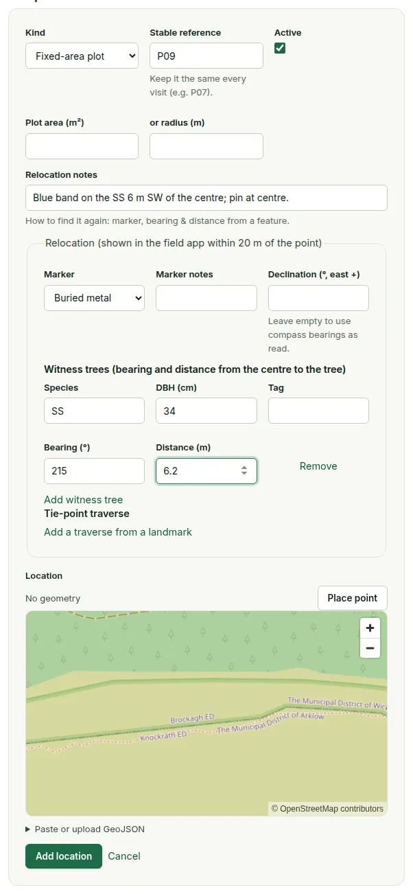 Adding a sample location: kind, stable reference, plot size, relocation notes, the relocation panel with marker, witness trees and a tie-point traverse, and the location on the map.