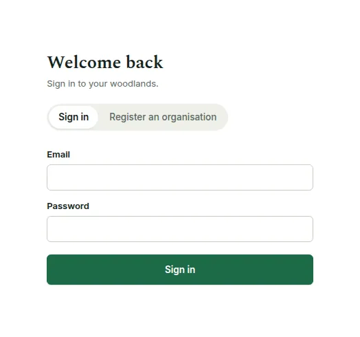 The Welcome back sign-in form with Sign in and Register an organisation tabs, email, password and the Sign in button.