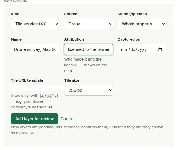 The Add map layer form: kind, source, stand, name, attribution, captured on, the file, and the landscape-context option.