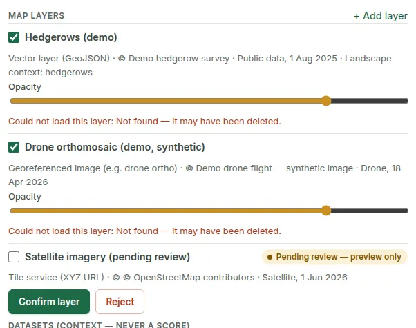 Map layers on a property: a hedgerow vector layer and a drone orthomosaic with opacity sliders, and a satellite layer pending review with Confirm layer and Reject.