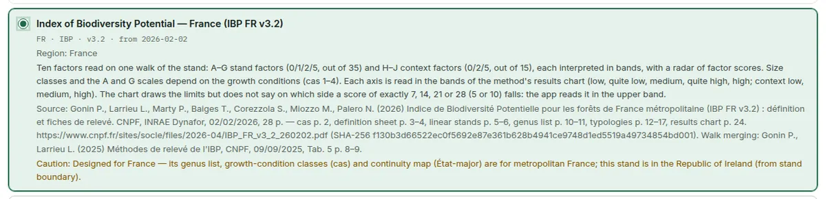 A biodiversity method designed for another region chosen for an Irish stand: a caution appears under it, and Save protocol choices becomes active.