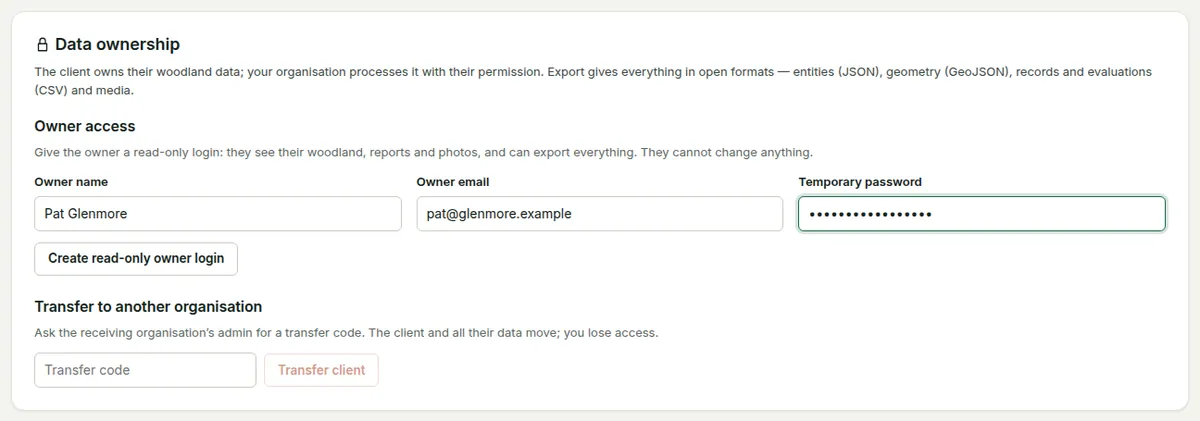The Data ownership card on a client page: export, Owner access with name, email and password, and Transfer to another organisation.