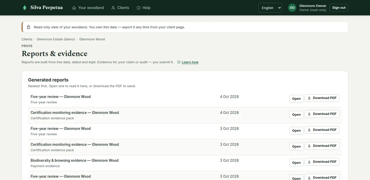 The owner’s Reports & evidence page: the reports the forester has generated, to open or download — no Generate controls.
