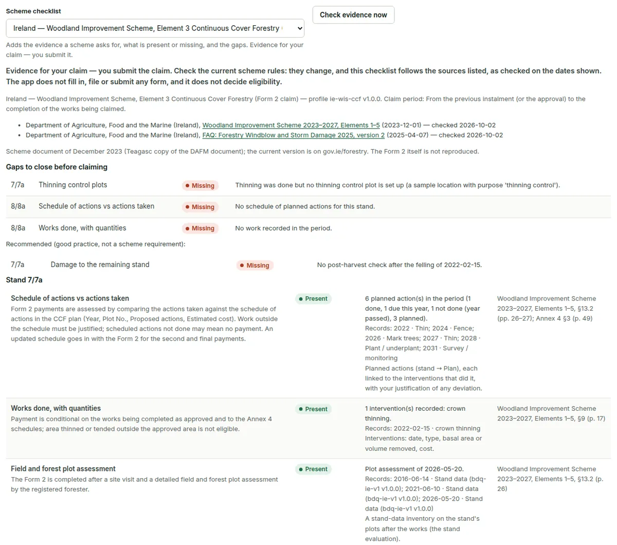 Payment evidence with the WIS CCF scheme checklist: each item the scheme asks for with present, partial, missing or outside-the-app status, its source and the gaps.