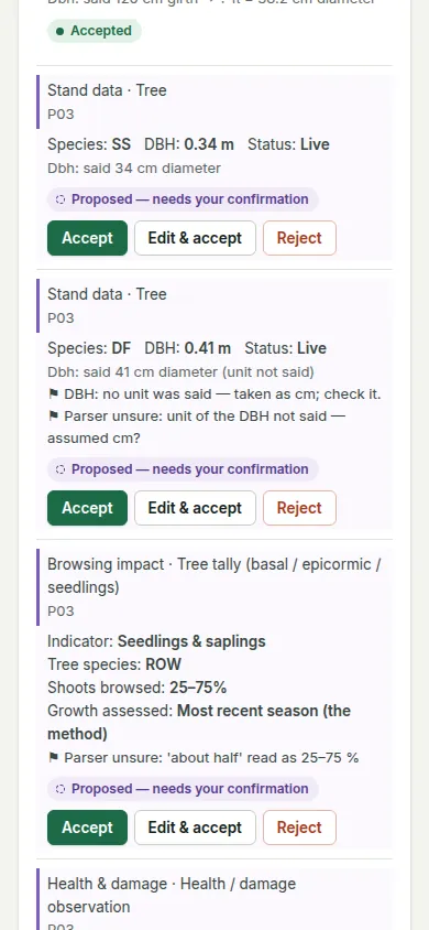Voice proposals on a phone: each proposed record is a card with its values and Accept, Edit & accept and Reject.