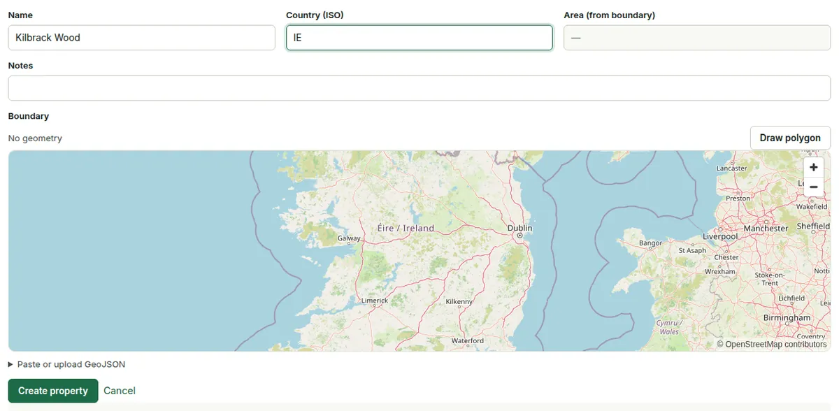 The New property form on a client page: name, country, notes, and the boundary map with Draw polygon and Paste or upload GeoJSON.