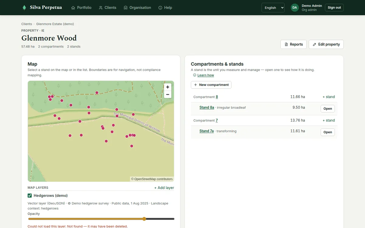 A property page: the map with the property, compartment and stand boundaries and map layers on the left; compartments and stands on the right.