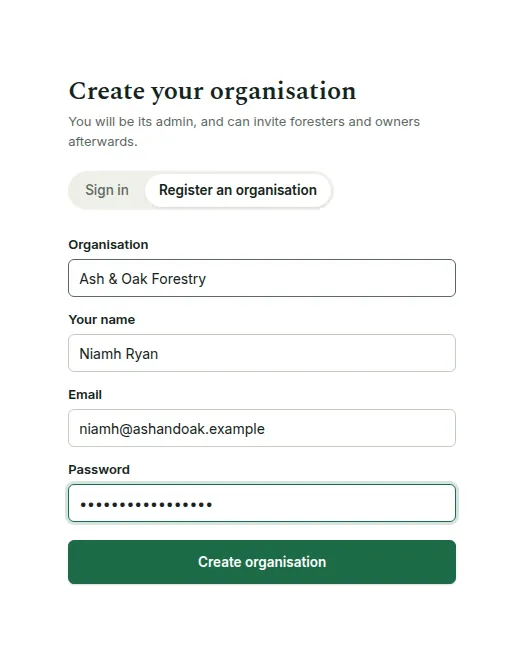 The Register an organisation form with organisation name, your name, email and password filled in.