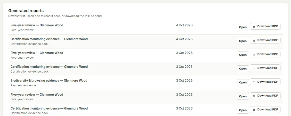 Generated reports, newest first, each with Open and Download PDF.