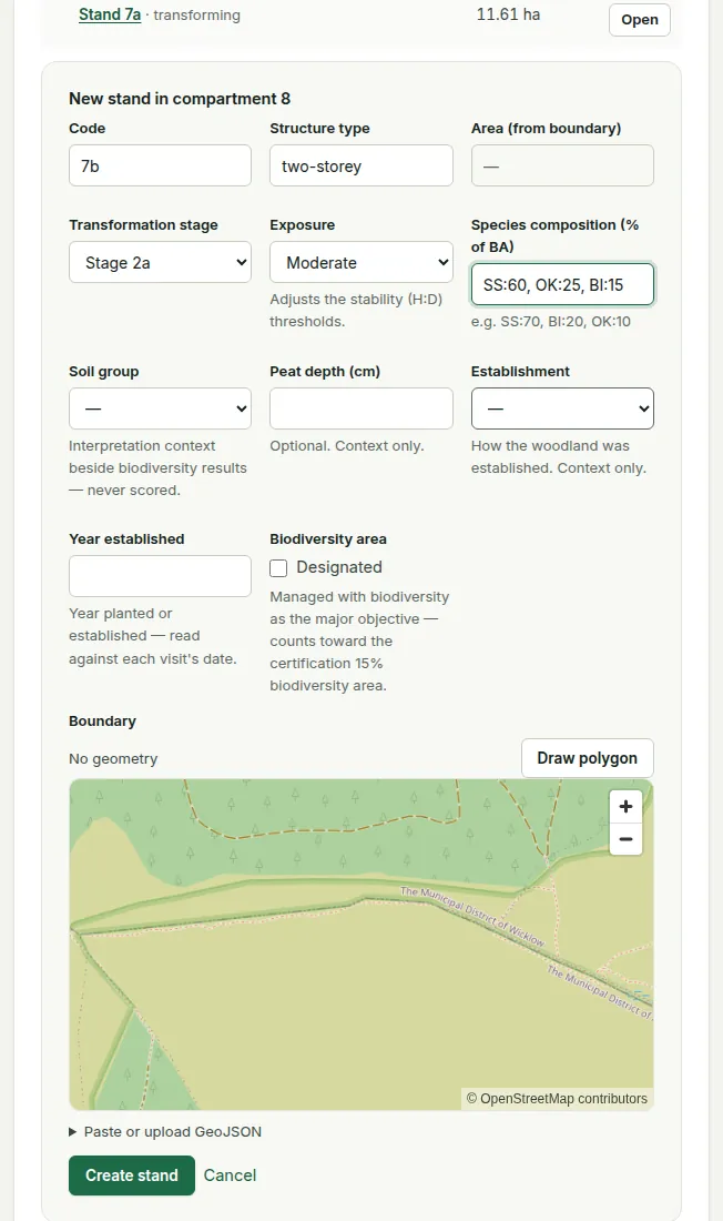 The New stand form: code, structure type, transformation stage, exposure, species composition, soil group, peat depth, establishment, year established, biodiversity area and boundary.