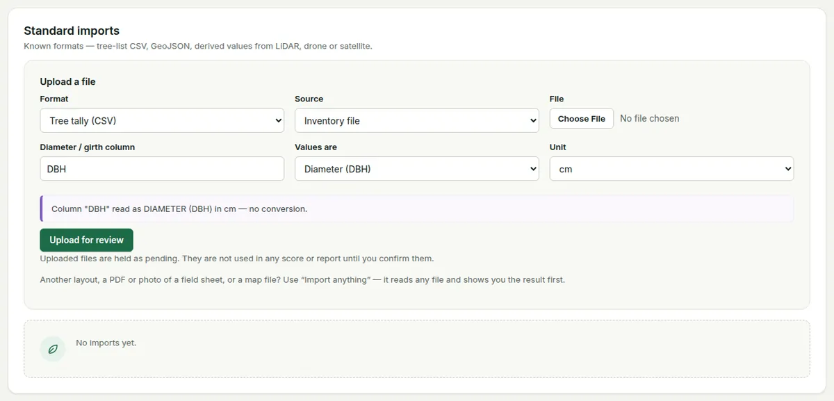 Standard imports: a tree tally CSV with its diameter or girth column, how values are read, the unit, and Upload for review.