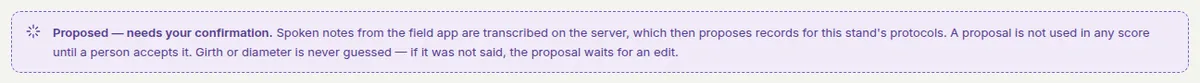 The Voice notes page header: Proposed — needs your confirmation, nothing counts until you accept it.
