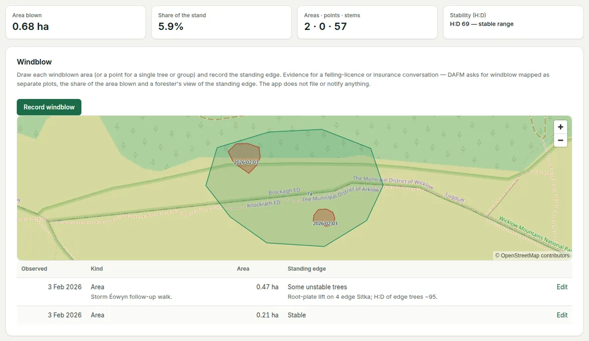 Windblow: area blown, share of the stand, areas, points and stems, H:D stability, the map of windblown areas and the list with the standing-edge assessment.